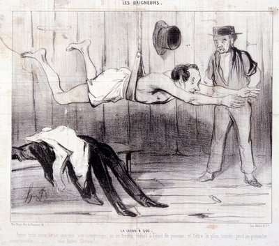 كارتون عن السياح في إجازة. سلسلة "" Les Baigneurs "": "" La lecon a dry "" ". سلسلة "" Les Baigneurs "": "" La lecon a dry "" ". نقش هونور داوميير (1808-1879). مقتطف  بواسطة الشرف دومييه