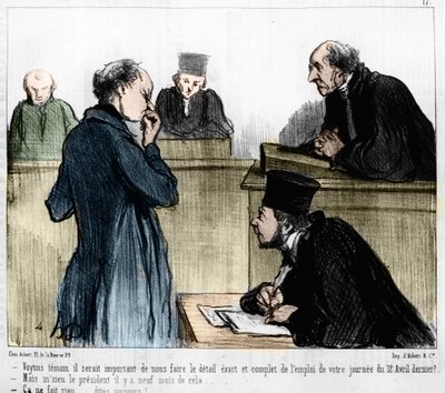 رسم كاريكاتوري لدومييه: مسلسل "" Les Gens de Justice "" نُشر في "" Charivari "بتاريخ 1846/03/04. سماع الشاهد. بواسطة الشرف دومييه