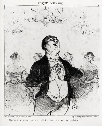اسكتشات موسيقية: تتطلع إلى إبهار الحاضرين الثريين بصدرها. إيضاح هونور دومير (1808-1879) ، نُشر في "Charivari" ، بتاريخ ١٤ فبراير ١٨٥٢. بواسطة الشرف دومييه