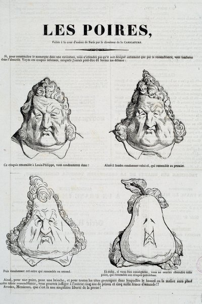 الكمثرى: كاريكاتير يمثل تحولا لوجه لويس فيليب في الكمثرى. رسم بواسطة Honore Daumier (1808-1879) بعد الرسم الأصلي الذي رسمه تشارلز فيليبون (1806-1862) "" La Caricature "، يناير 1832 ، باريس ، متحف كارنافالي بواسطة الشرف دومييه