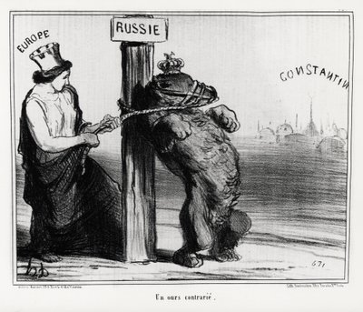 روسيا: دب مستاء (من أوروبا). في مارس 1854 ، شكلت فرنسا وإنجلترا تحالفًا مع تركيا ضد روسيا. رسم توضيحي بقلم هونوره دومير (1808-1879) ، نُشر في الأخبار ، "Charivari" بواسطة الشرف دومييه