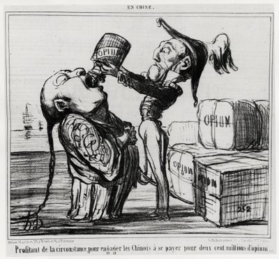 حرب الأفيون الثانية (1856-1860): في عام 1858 ، وافقت الحكومة الصينية على تقنين تجارة الأفيون. "" الاستفادة من الظروف لإقناع الصينيين بدفع مائتي مليون أفيون "، في سلسلة En Chine ، رسم توضيحي بواسطة Honore Daumier (1 بواسطة الشرف دومييه