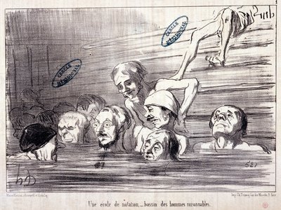 سلسلة "" Les Bains de Mer "": "" رسم مائي. مدرسة سباحة ، تجمع من الرجال العقلاء ". نقش هونور داوميير (1808-1879). مقتطف من جريدة "Le Charivari" " بواسطة الشرف دومييه