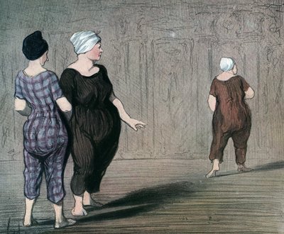 سلسلة "Les batheuses" "امرأتان ترتديان ملابس السباحة تفحصان قصة أخرى ، كاريكاتير من تأليف Honore Daumier (1808-1879) 1844 (السباحون: سيدتان ترتديان بدلة سباحة ، وتنظران إلى أعلى وأسفل عند خصر امرأة أخرى) مجموعة خاصة بواسطة الشرف دومييه