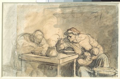 حساء اثنين من العمال يأكلون الحساء ، الأم ترضع الطفل. لوحة مائية من تصميم Honore Daumier (1808-1879). 1862-1865. خافت. 0،3 × 0،49 م. باريس ، متحف اللوفر بواسطة الشرف دومييه