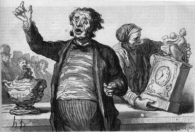 فندق الدلالين: البكاء العام. كارتون من قبل هونور دومير (1808-1879). نقش في "" Le Monde Illustré "" رقم 551 بتاريخ 2 يناير بواسطة الشرف دومييه