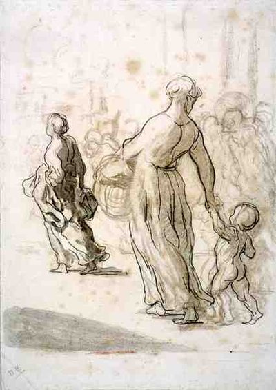 امرأتان وطفل ، حوالي 1848-50 (طباشير وفحم وغواش على ورق مضغوط عتيق) بواسطة الشرف دومييه
