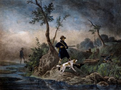 صيد البط في المستنقعات ، نقش يعتمد على الرسم بواسطة هوراس فيرنيه (1789-1863) بواسطة إميل جان هوراس فيرنيه