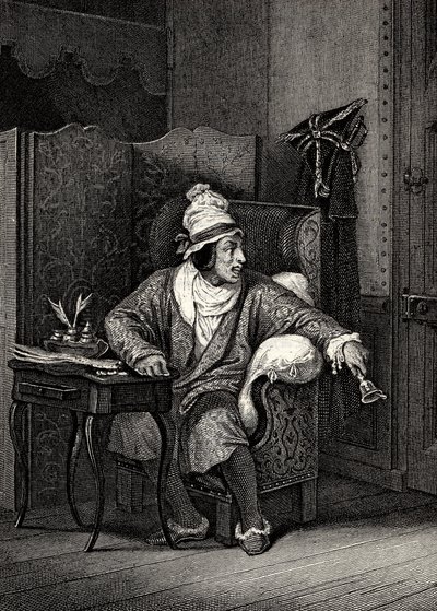 مشهد من The Imaginary Invalid by Moliere ، بواسطة Horace Vernet ، نقش - Le Malad imaginaire بواسطة Jean-Baptiste Poquelin dit Moliere (1622-1673) بواسطة إميل جان هوراس فيرنيه