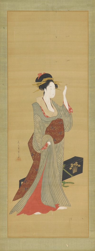 غيشا على وشك تعديل دبوس شعر على شكل صدف السلحفاة ، أواخر القرن الثامن عشر. بواسطة Hosoda eisi