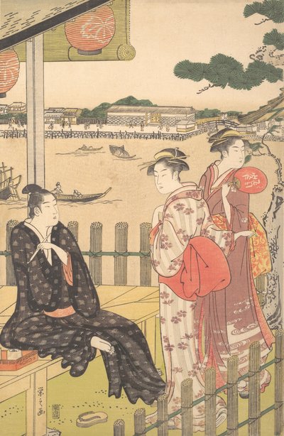 مجموعة في بيت الشاي على ضفة نهر سوميدا ، كاليفورنيا. 1790. بواسطة Hosoda eisi