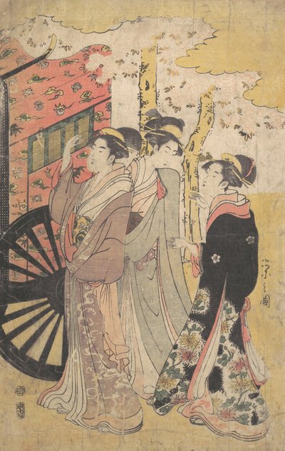 سيدة في عربة محكمة تنظر إلى أزهار الكرز ، كاليفورنيا. 1796 كنسي 8. بواسطة Hosoda eisi