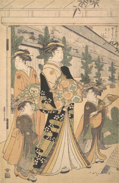 اثنين من Oiran مع اثنين من المرافقين في Yoshiwara. بواسطة Hosoda eisi
