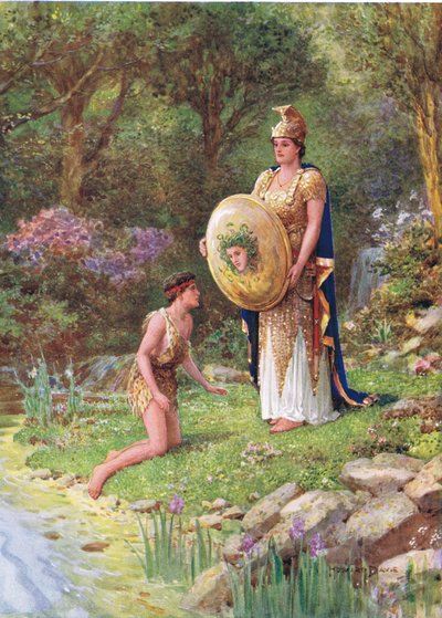 "هل تجرؤ على مواجهة مثل هذا الوحش؟" ، رسم توضيحي لـ "How Perseus vows a Rash Vow" ، من The Heroes of Greek Fairy Tales ، من تأليف Charles Kingsley (1819-1875) (color litho) بواسطة هوارد ديفي