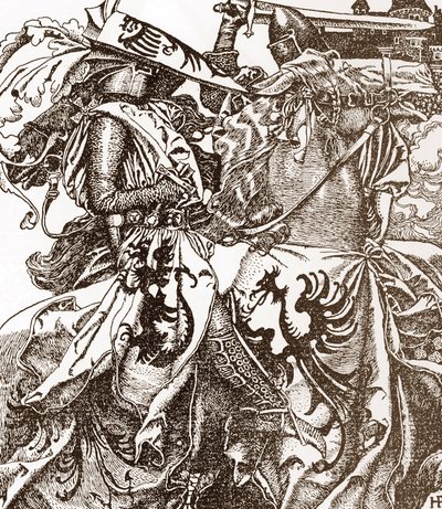 Arthurian Legend: Kay (Keu) ، فارس المائدة المستديرة ، كسر سيفه في إحدى البطولات (السير كاي ، فارس المائدة المستديرة ، كسر سيفه في إحدى البطولات) رسم توضيحي لهورد بايل (1853-1911) من "قصة الملك آرثر وفرسانه" 190 بواسطة هوارد بايل