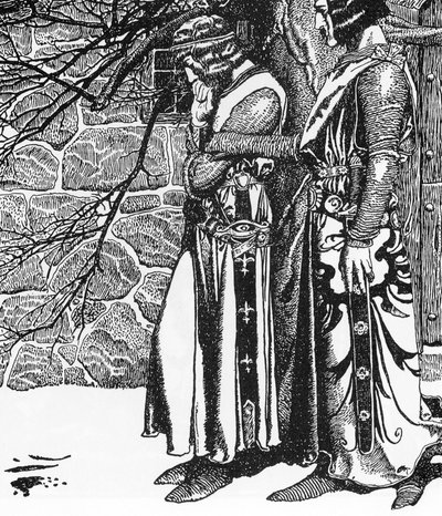 Arthurian Legend: The Knight Kay (Keu) و Perceval (السير كاي والسير بيرسيفال) رسم توضيحي لهوارد بايل (1853-1911) من مجموعة "قصة أبطال المائدة المستديرة" لعام 1905 بواسطة هوارد بايل
