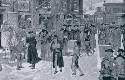 صباح عيد الميلاد في نيويورك القديمة قبل الثورة ، رسم توضيحي من حانة هاربر ويكلي. 25 ديسمبر 1880 بواسطة هوارد بايل