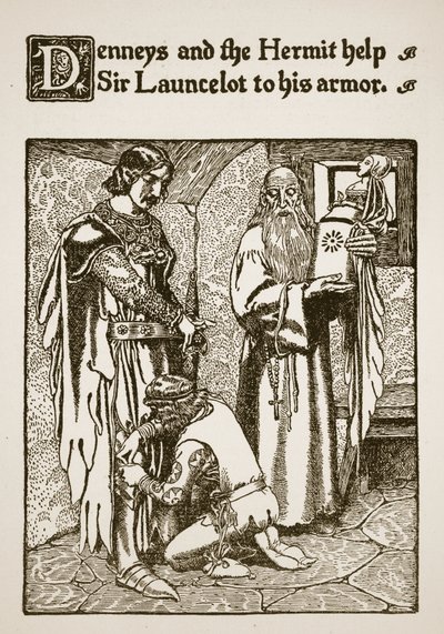 Denneys و Hermit يساعدان السير Launcelot على درعه ، التوضيح من "قصة السير Launcelot ورفاقه" ، 1907 بواسطة هوارد بايل