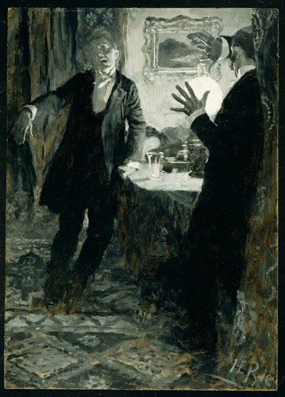 وضع الكوب على شفتيه وشرب في جرعة واحدة من د. جيكل والسيد هايد بقلم روبرت لويس ستيفنسون (1850-1994) ، طبعة أمريكية ، نُشرت عام 1895 (زيت على قماش) بواسطة هوارد بايل