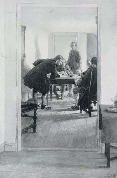 في Old Raleigh Tavern ، رسم توضيحي من "At Home in Virginia" بقلم Woodrow Wilson ، حانة. في مجلة هاربر 1896 بواسطة هوارد بايل