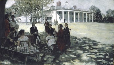 مارثا وجورج واشنطن يستمتعان بأصدقائهما في حديقة جبل فيرنون ، 1898 (زيت وشواية على قماش) بواسطة هوارد بايل