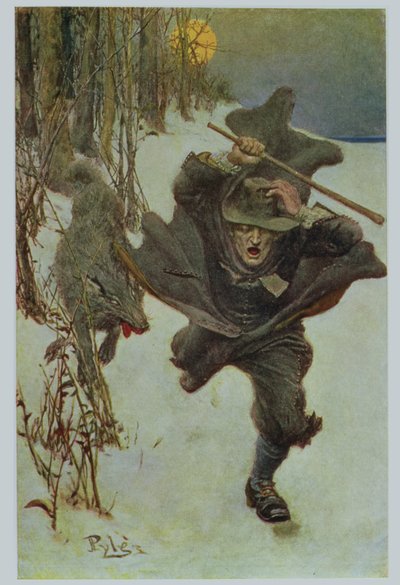 بمجرد أن طاردت الطبيب ويلكنسون في بلدة نفسها نفسها ، التوضيح من "The Salem Wolf" بواسطة هوارد بايل ، الحانة. في مجلة هاربر ، 1909 (لون ليثو) بواسطة هوارد بايل