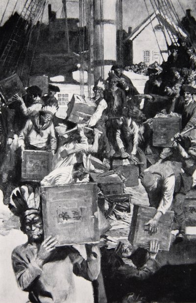 حفلة شاي بوسطن ، توضيح من مجلة هاربر ، 1901 بواسطة هوارد بايل