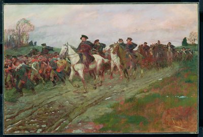 تراجع عبر جيرسي ، من "قصة الثورة" بقلم هنري كابوت لودج (1850-1924) ، نُشر في مجلة سكريبنر ، أبريل 1898 (زيت على قماش) بواسطة هوارد بايل
