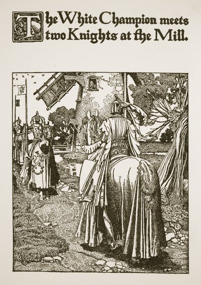 يلتقي البطل الأبيض بطائرتين في المطحنة ، رسم توضيحي من "قصة الملك آرثر وفرسانه" ، 1903 بواسطة هوارد بايل