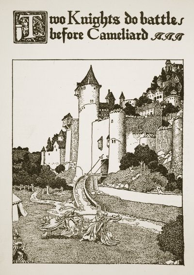 اثنان من الفرسان يقاتلان قبل Cameliard ، التوضيح من `` قصة الملك آرثر وفرسانه &39;&39; ، 1903 بواسطة هوارد بايل