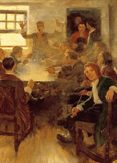 الحياة الجامعية عام 1679 ، من كتاب "الحياة الجامعية في هارفارد" بقلم إدوارد إس مارتن ، الذي نُشر في مجلة سكريبنر ، مايو 1897 (زيت على قماش) بواسطة هوارد بايل