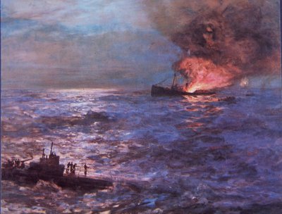 Merchant vessel shelled by German U-boat in WW2 (colour litho) بواسطة هوارد راسل بتلر
