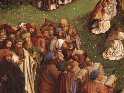 تفاصيل عبادة الحمل الصوفي ، من اللوحة المركزية لمذبح غينت (زيت على لوح) بواسطة Hubert & Jan van (1390 1441) Eyck