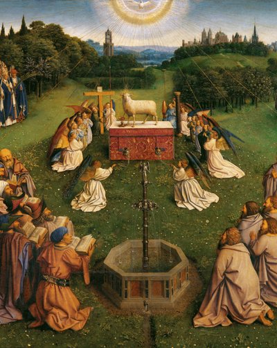 العشق من الحمل الغامض ، من Ghent Altarpiece ، تفاصيل النصف السفلي من اللوحة المركزية بواسطة Hubert & Jan van (1390 1441) Eyck