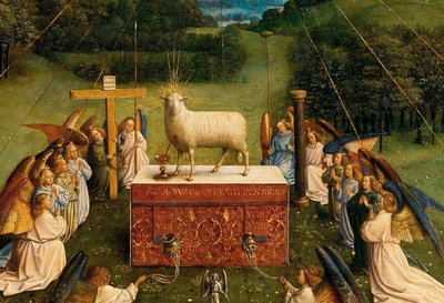 العشق من الحمل الغامض ، من Ghent Altarpiece ، تفاصيل النصف السفلي من اللوحة المركزية بواسطة Hubert & Jan van (1390 1441) Eyck