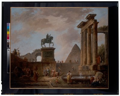 نزوة مع التروبادور والنساء الغسالات بجوار حوض بين الآثار الرومانية، وهرم خلفه، حوالي 1780 (زيت على قماش) بواسطة هوبير روبرت