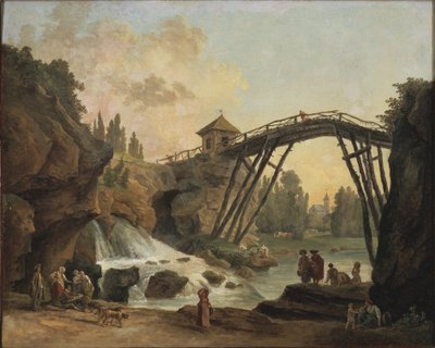 فنان يرسم الجسر الخشبي في الحديقة في ميريفيل ، حوالي 1790 بواسطة هوبير روبرت
