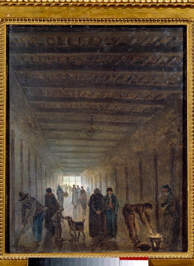 الثورة الفرنسية: "" أروقة سجن سانت لازار عام 1793 "لوحة رسمها هوبرت روبرت (1733-1808) 1793 صن. 0.4x0.32 م. باريس ، متحف كارنافالي بواسطة هوبير روبرت