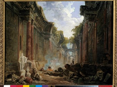منظر خيالي لـ Grande Galerie du Louvre في حالة خراب لوحة رسمها Hubert Robert (1733-1808) من القرن الثامن عشر صن. 0،32 × 0،4 م. بواسطة هوبير روبرت