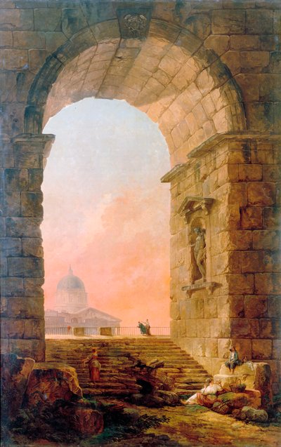 منظر طبيعي مع قوس وكنيسة القديس بطرس في روما ، 1773. بواسطة هوبير روبرت