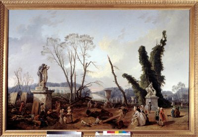 Le Carpet Vert في وقت قطع الأشجار في شتاء 1774-1775 في حدائق فرساي (في المقدمة ، الملك لويس السادس عشر والملكة ماري أنطوانيت). يُطلق على السجادة الخضراء أيضًا اسم الزقاق الملكي. اللوحة بواسطة هوبرت روبرت (1733-1808 بواسطة هوبير روبرت
