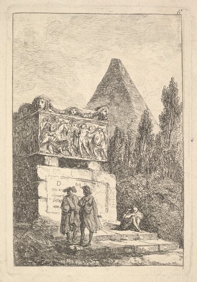 اللوحة 6: التابوت الحجري: رجلان يتحدثان إلى اليسار ، رجل آخر يجلس وينام ... ، كاليفورنيا. 1763-64. بواسطة هوبير روبرت