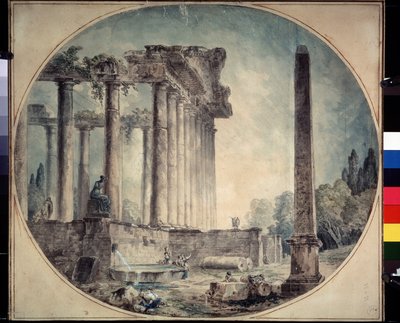 "" الأطلال القديمة والمسلة "" لوحة مائية بواسطة هوبير روبرت (1733-1808) 1776 متحف الدولة أ. بوشكين للفنون الجميلة ، موسكو ، روسيا بواسطة هوبير روبرت