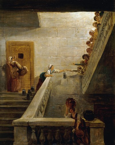 توزيع الحليب في سجن سان لازار ، حوالي 1794. بواسطة هوبير روبرت