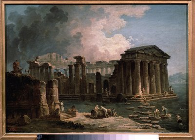 معبد محاط بالمياه. لوحة لهوبير روبرت (1733-1808) ، زيت على قماش ، حوالي 1780 ، فن فرنسي. State A. متحف بوشكين للفنون الجميلة ، موسكو. بواسطة هوبير روبرت