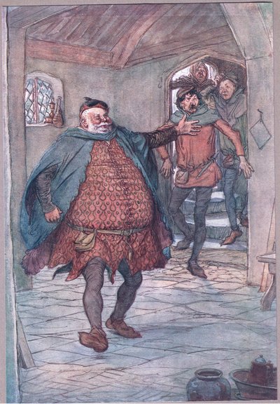 أدخل Falstaff ، مسدس ، Nym و Bardolph ، رسم توضيحي من The Merry Wives of Windsor ، 1910 بواسطة هيو طومسون