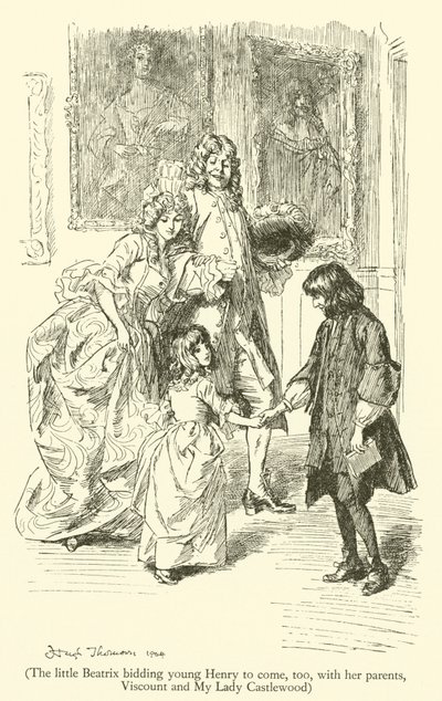 تطلب بياتريكس الصغيرة من هنري أن يأتي أيضًا مع والديها ، Viscount و My Lady Castlewood (نقش) بواسطة هيو طومسون