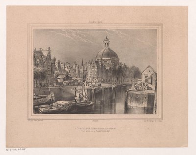 Gezicht op de Stromarkt، het Singel en de Lutherse kerk الكنيسة اللوثرية. المنظر المأخوذ من القناة (المعروفة باسم Singel) (العنوان على الكائن) تذكار من أمستردام ثمانية مناظر مرسومة ومطبوعة بالحجر من الطبيعة بواسطة H. van Hove Bz. (عنوان المسلسل) بواسطة هويب فان هوف ب