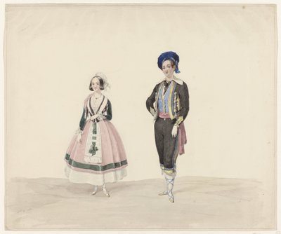 رجل وامرأة في زي الفترة ، 1841 ستة ألوان مائية من الأزياء التاريخية للكرة التنكرية في عام 1841 (عنوان السلسلة) بواسطة هويب فان هوف ب