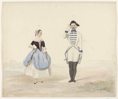 رجل وامرأة في زي الفترة ، 1841 ستة ألوان مائية من الأزياء التاريخية للكرة التنكرية في عام 1841 (عنوان السلسلة) بواسطة هويب فان هوف ب